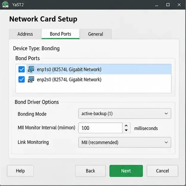 YaST Network Card Setup Bond Ports tab with both adapters selected and active-backup link monitoring at 100 milliseconds