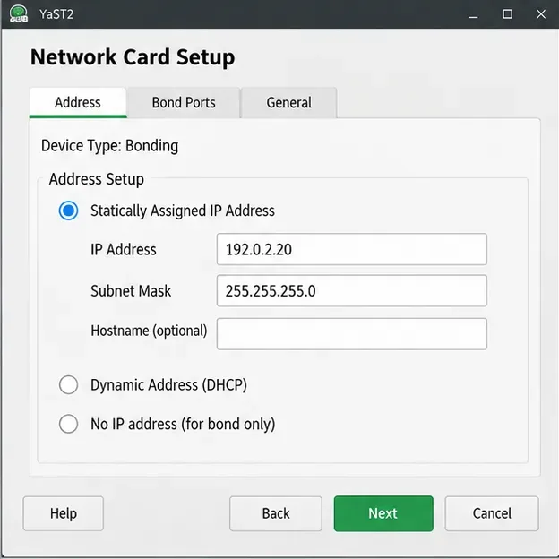 YaST Network Card Setup Address tab showing static address 192.0.2.20 and subnet mask 255.255.255.0