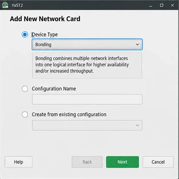 YaST Add New Network Card window with Bonding selected in the Device Type menu