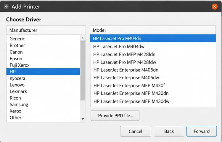 HP 제조사 목록, 모델 선택 및 PPD 파일 제공 버튼이 포함된 프린터 드라이버 선택 대화 상자