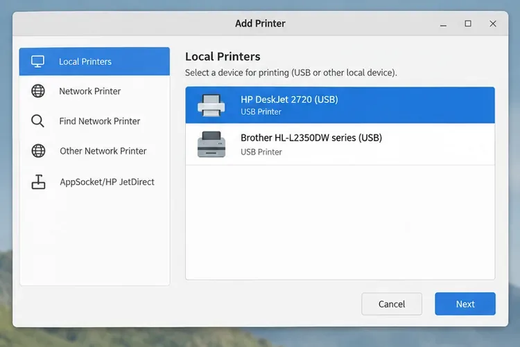 프린터 추가 창에 USB 장치 두 개가 표시되고 HP DeskJet이 선택되어 있습니다.