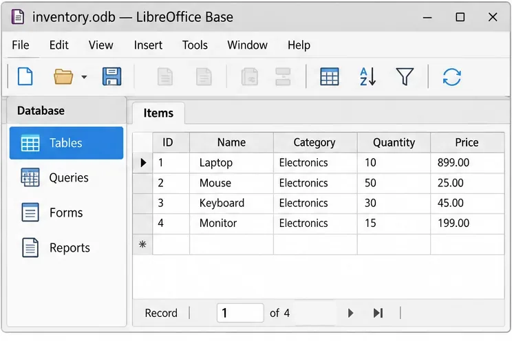 Janela principal do LibreOffice Base mostrando a navegação das Tabelas e um exemplo de grade de dados.