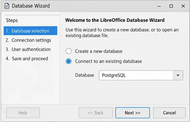 Collega LibreOffice Base a PostgreSQL con la procedura guidata integrata