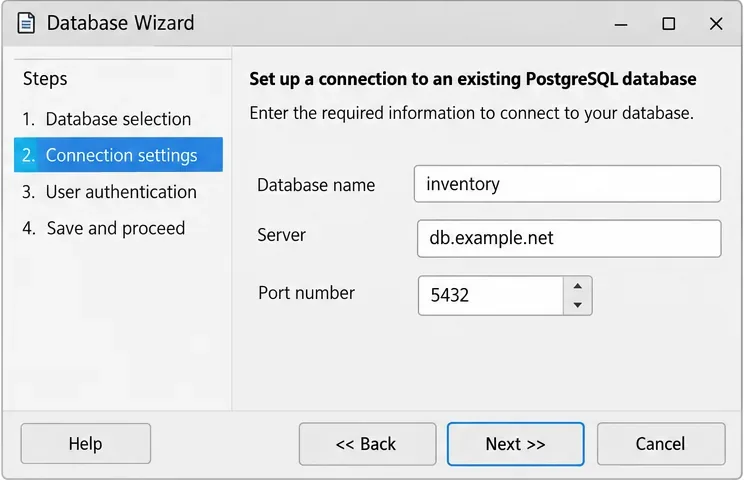 Configurações de conexão do PostgreSQL com o nome do banco de dados inventory, servidor db.example.net e porta 5432.