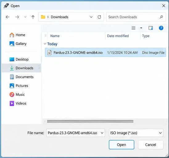 A Windows Open dialog highlights the Pardus 23.3 GNOME ISO for Rufus.