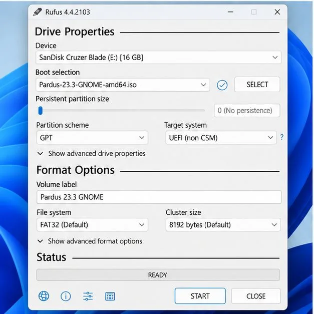 Rufus shows a removable USB selected, the Pardus ISO loaded, and GPT with UEFI selected.