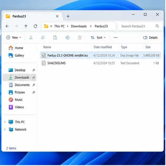 A downloaded Pardus 23 ISO and its checksum manifest appear together in File Explorer.