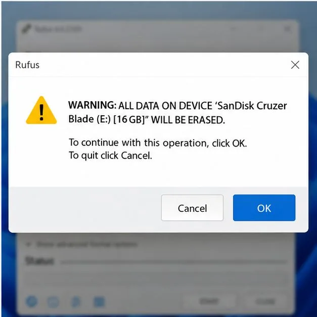 A Rufus confirmation dialog warns that data on the selected USB will be destroyed.