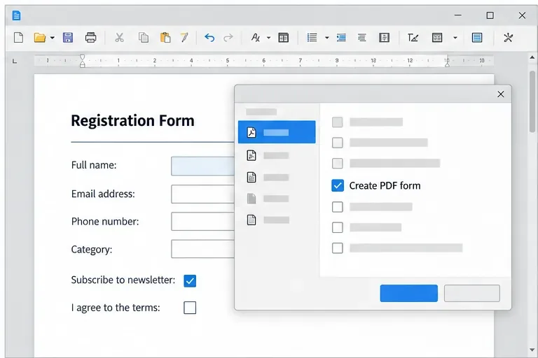 The PDF export options over a Writer form, with Create PDF form checked