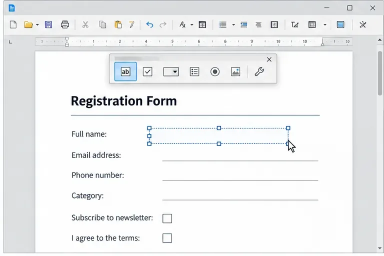 The Form Controls toolbar above a Writer page, with a text box control selected beside the Full name label