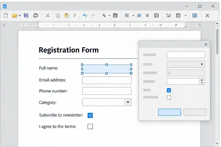 A Writer form containing text fields, a category dropdown, checkboxes, and a selected control with its properties dialog open