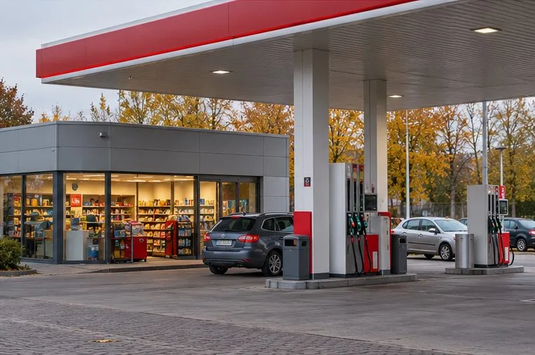Stacja paliw z przylegającym sklepem i dystrybutorami.
