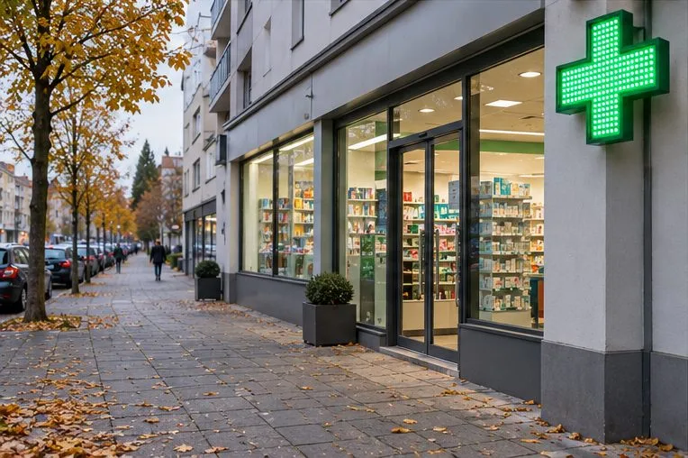 Apteka przy miejskiej ulicy z podświetlonym zielonym krzyżem.