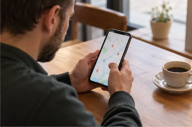 Mężczyzna przegląda na smartfonie mapę z oznaczeniami punktów w pobliżu.