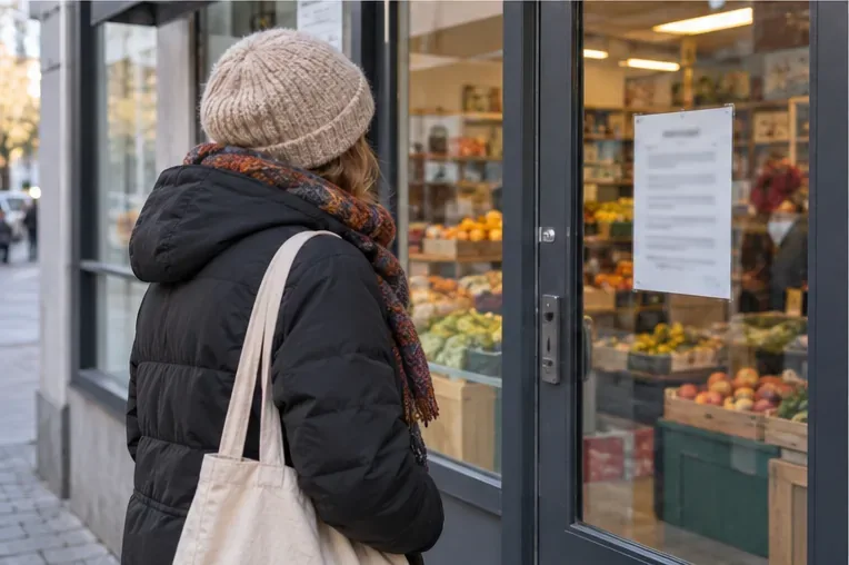 Klientka czyta nieczytelną kartkę umieszczoną na przeszklonych drzwiach osiedlowego sklepu.
