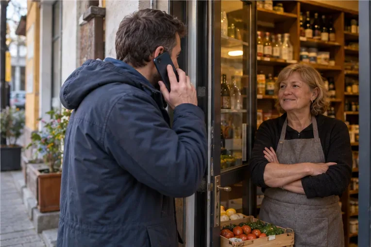 Klient rozmawia przez telefon ze sprzedawczynią widoczną przy wejściu do małego sklepu.