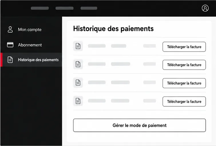 Maquette de l’« Historique des paiements » avec des lignes masquées, « Télécharger la facture » et « Gérer le mode de paiement ».