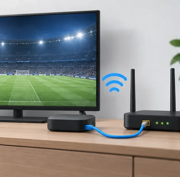 Televisore collegato a un router con cavo Ethernet, accanto al simbolo della connessione Wi-Fi.