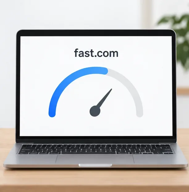 Computer con una schermata concettuale del test di velocità fast.com, senza un risultato numerico.