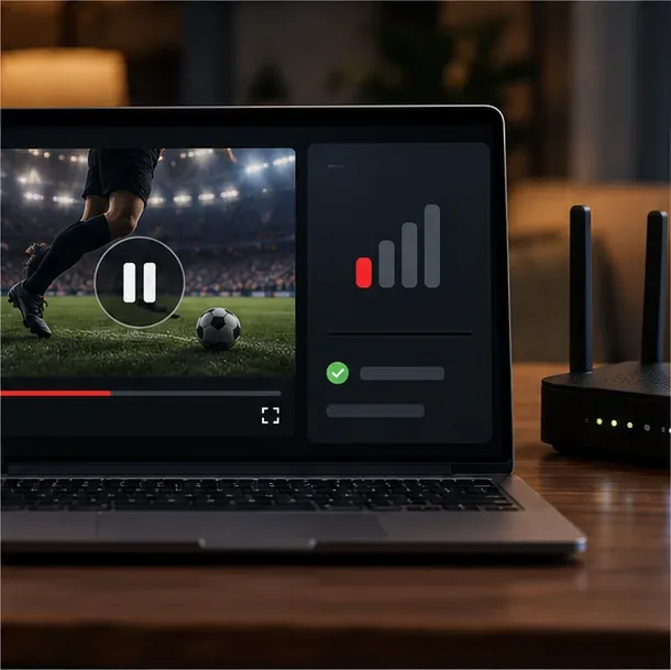 Notebook com vídeo esportivo pausado, painel de sinal de rede e roteador Wi-Fi sobre uma mesa.