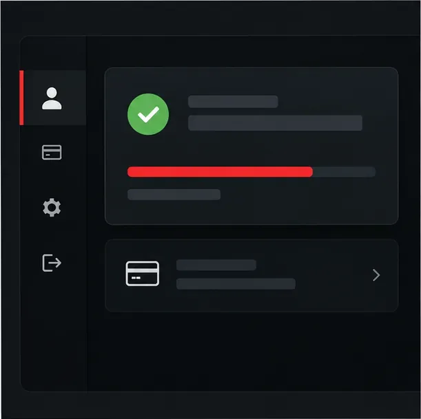 Painel de conta ilustrativo com um indicador de status em verde e uma linha separada para o método de pagamento.