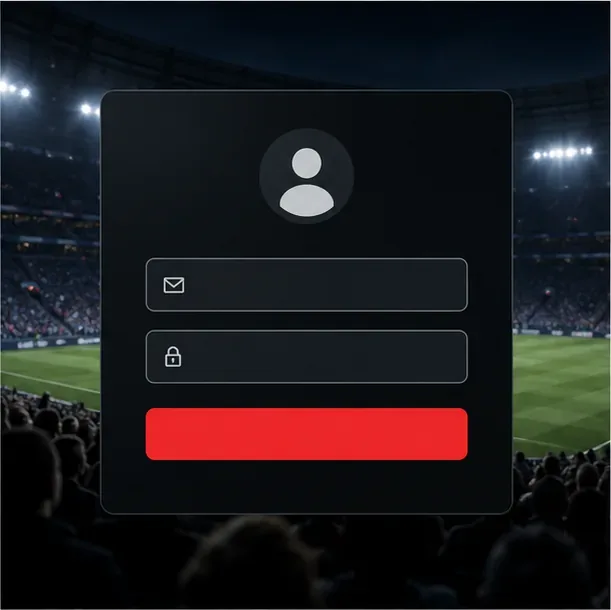Tela ilustrativa de login com campos para e-mail e senha sobre uma imagem de estádio à noite.