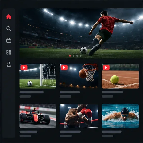 Catálogo esportivo escuro com uma partida de futebol em destaque e cartões de futebol, basquete, tênis, automobilismo, boxe e natação abaixo.