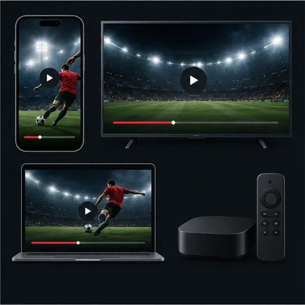 Celular, smart TV e notebook exibindo controles de reprodução esportiva ao lado de um dispositivo de streaming e controle remoto.