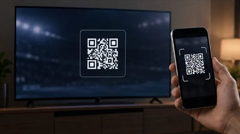 TV 화면의 QR 코드를 휴대전화 카메라로 스캔하는 구독 설정 장면