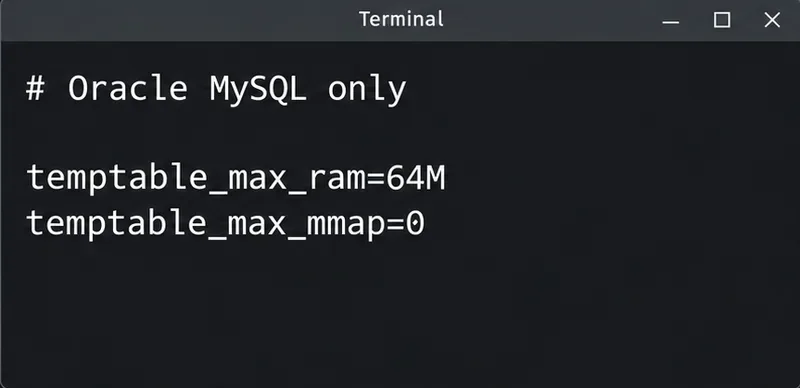 終端機顯示 Oracle MySQL TempTable 範例設置,記憶體為 64M,記憶體映射分配已停用。