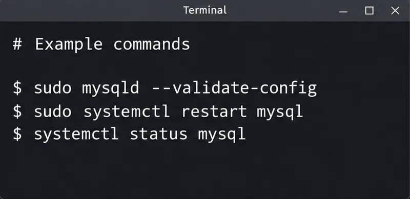終端機顯示 Oracle MySQL 驗證、服務重新啟動和 service-status 指令範例。