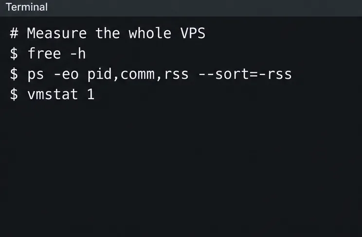 可用記憶體、進程 RSS 和 vmstat 監控的終端命令範例。