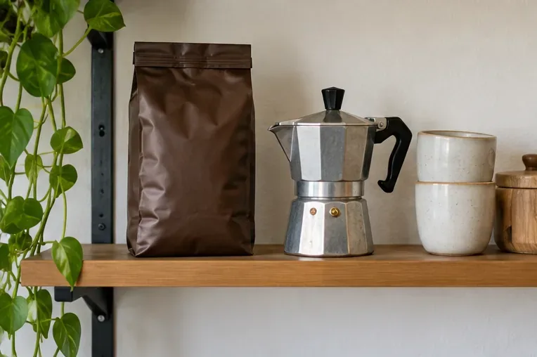 Eine neutrale, ungeöffnete Kaffeepackung steht getrennt neben einer Espressokanne und Tassen auf einem Regal.