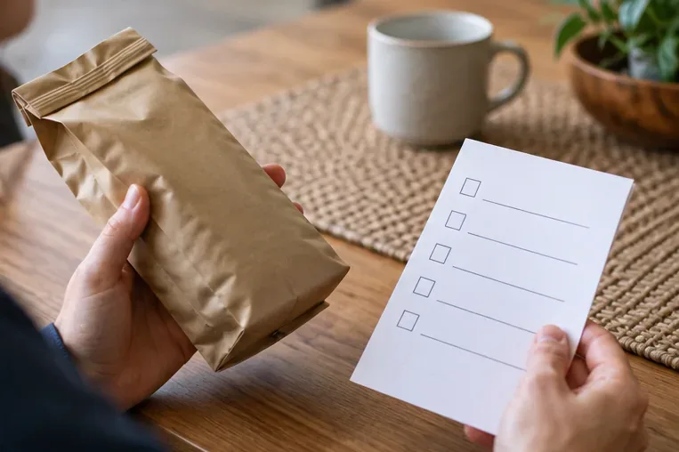 Hände halten eine neutrale Kaffeepackung neben einer Papier-Checkliste mit leeren Kästchen.