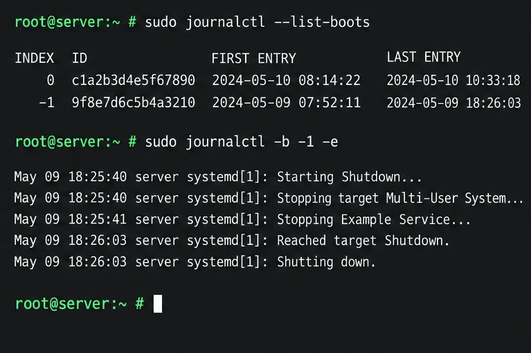 طرفية توضيحية تُشغّل الأمر journalctl boot-list وتُظهر نهاية رسائل إيقاف التشغيل السابقة