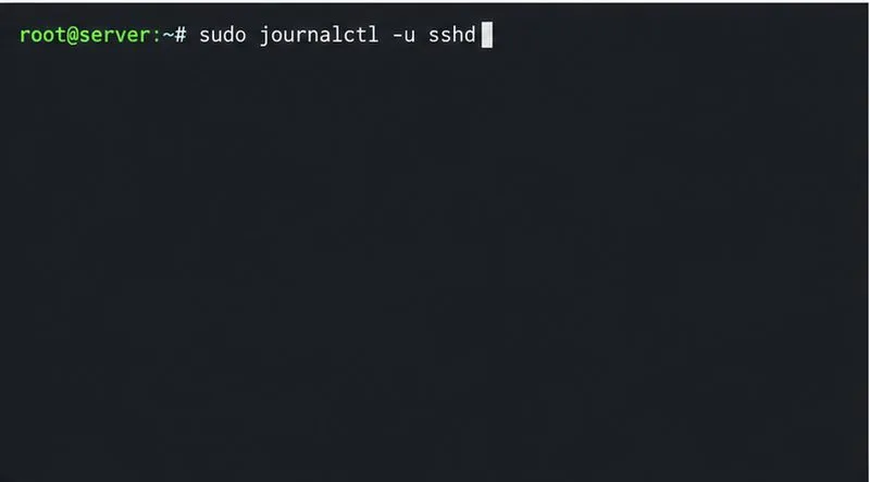 A root terminal is prepared to read the SSH daemon journal with journalctl -u sshd.
