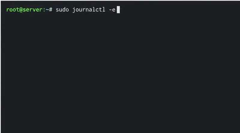 A root terminal is prepared to inspect recent system journal entries with journalctl -e.