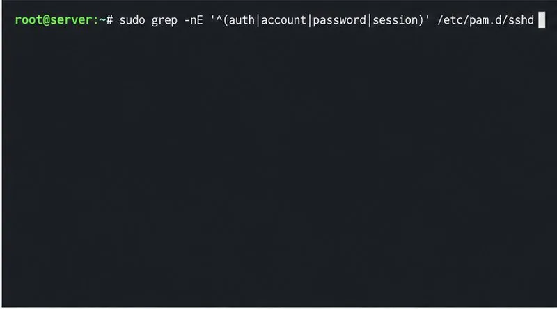 A terminal command inspects the auth, account, password, and session entries in the sshd PAM service file.