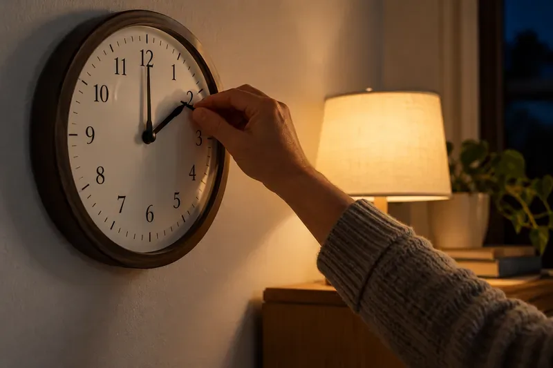 A hand reaches to adjust an analog wall clock in a warmly lit room.