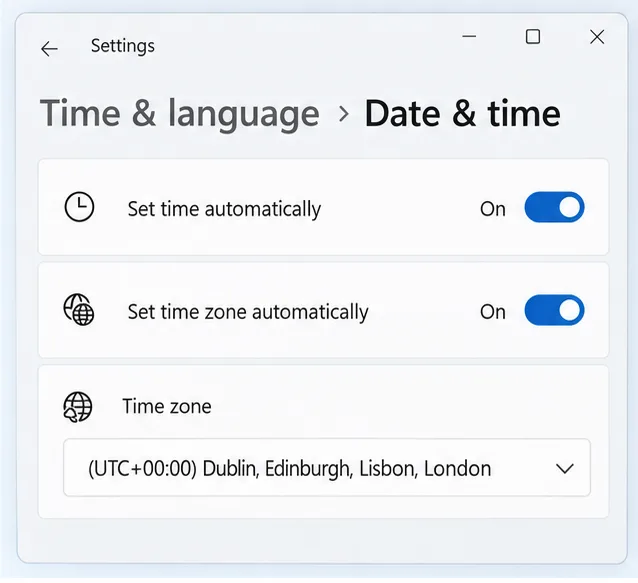 Windows Date and time settings with automatic time and time zone enabled and the London time zone selected