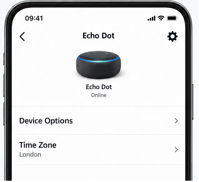Echo device settings showing Device Options and the Time Zone set to London