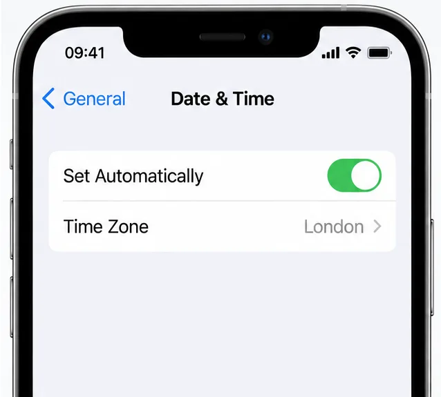 iPhone Date and Time settings with Set Automatically enabled and London shown as the time zone