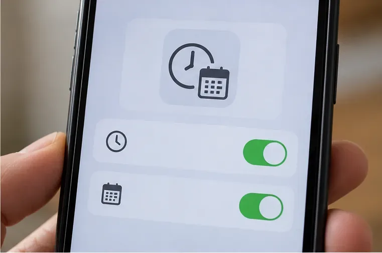 Close view of a generic smartphone settings screen with a clock icon and two enabled green toggles.