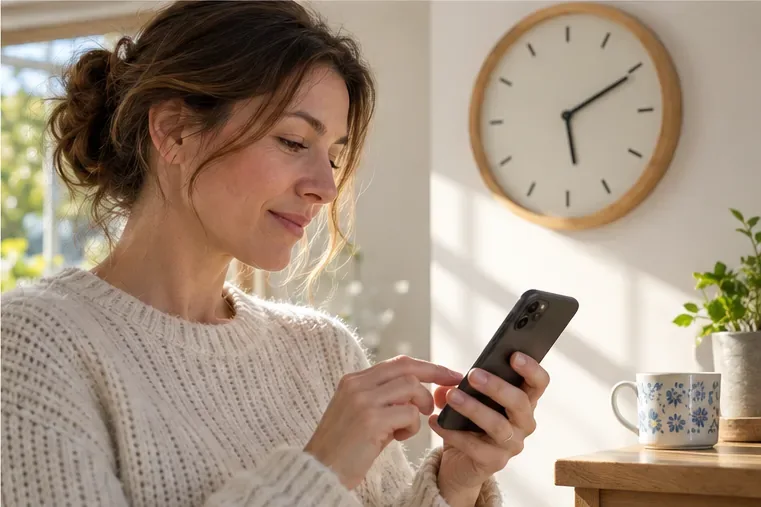 A person checks a smartphone beside an analog wall clock in morning light.