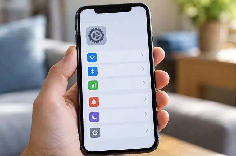 A hand holds a smartphone displaying a generic settings menu with rows of icons.