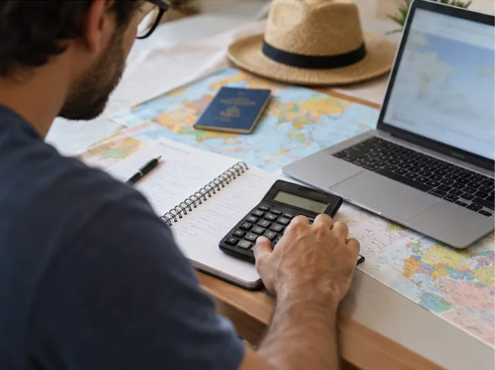 Viajante usa uma calculadora e anotações ao lado de um mapa e de um laptop para estimar gastos em dólares.