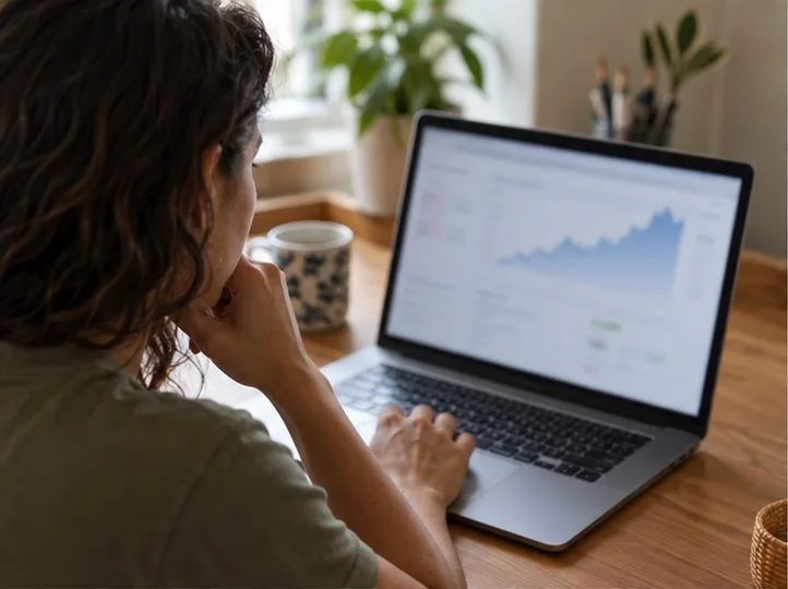 Pessoa consulta uma página financeira em um notebook antes de anotar a data da cotação.