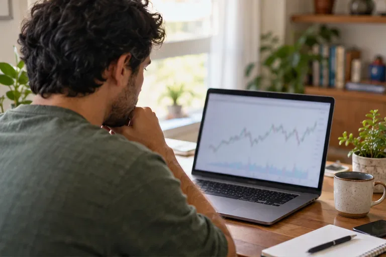 Uma pessoa consulta um gráfico financeiro desfocado em um laptop, com caderno e caneca sobre a mesa.