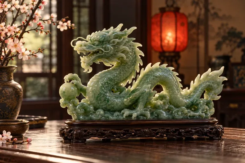 A jade-green dragon carving on a wooden display stand, with spring blossoms and a softly glowing red lantern in the background.