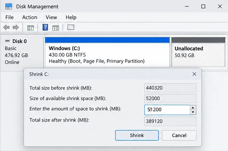 O Gerenciamento de Disco do Windows mostra a partição C: e uma caixa de diálogo para reduzir o tamanho da partição, com espaço não alocado aparecendo à direita.
